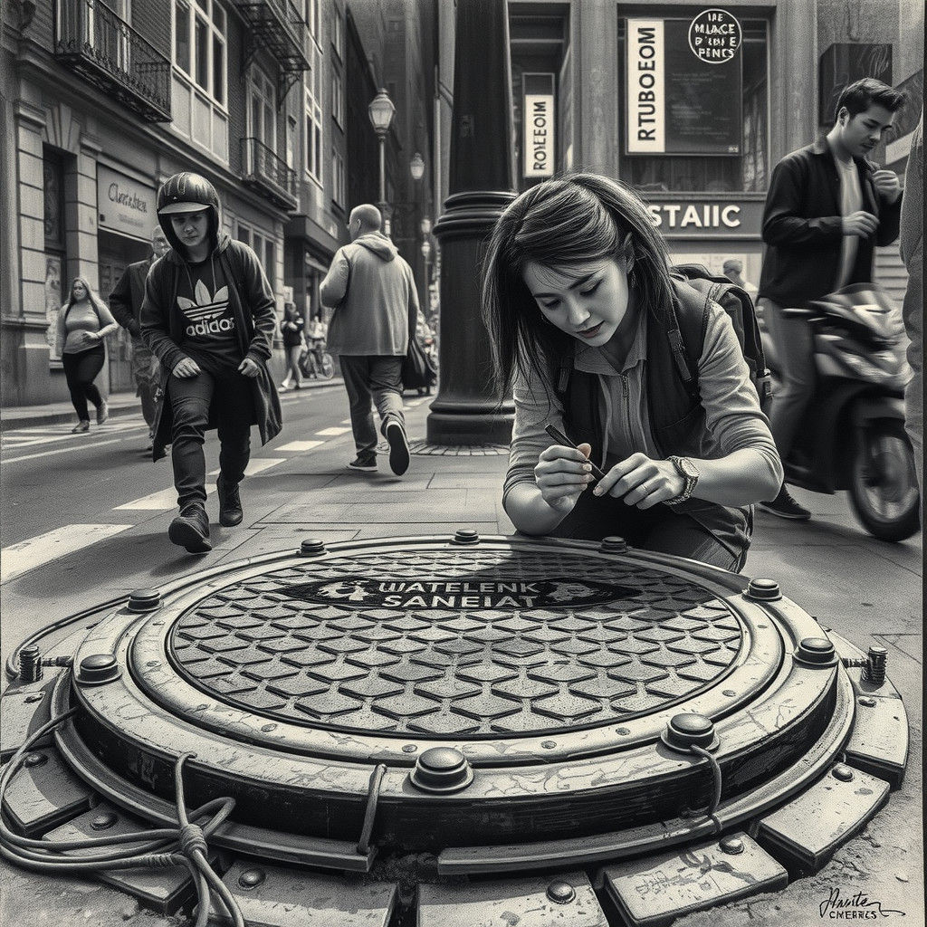 Cyberpunk Etching: Woman Melds Art and City