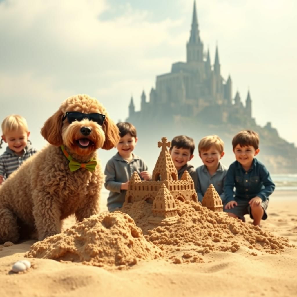 French Poodle and Boys Building Sandcastle