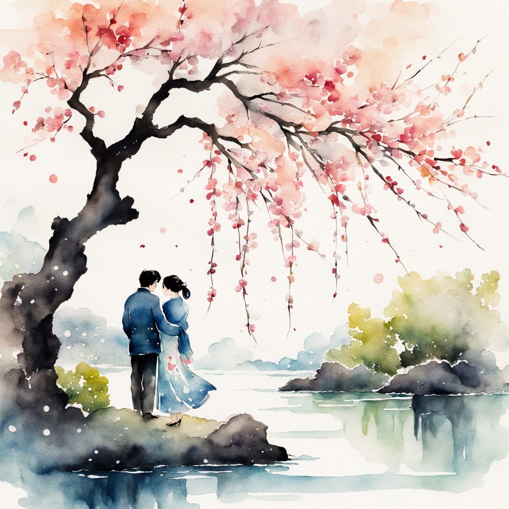 Romantic Cherry Blossom Scene in Soft Watercolor