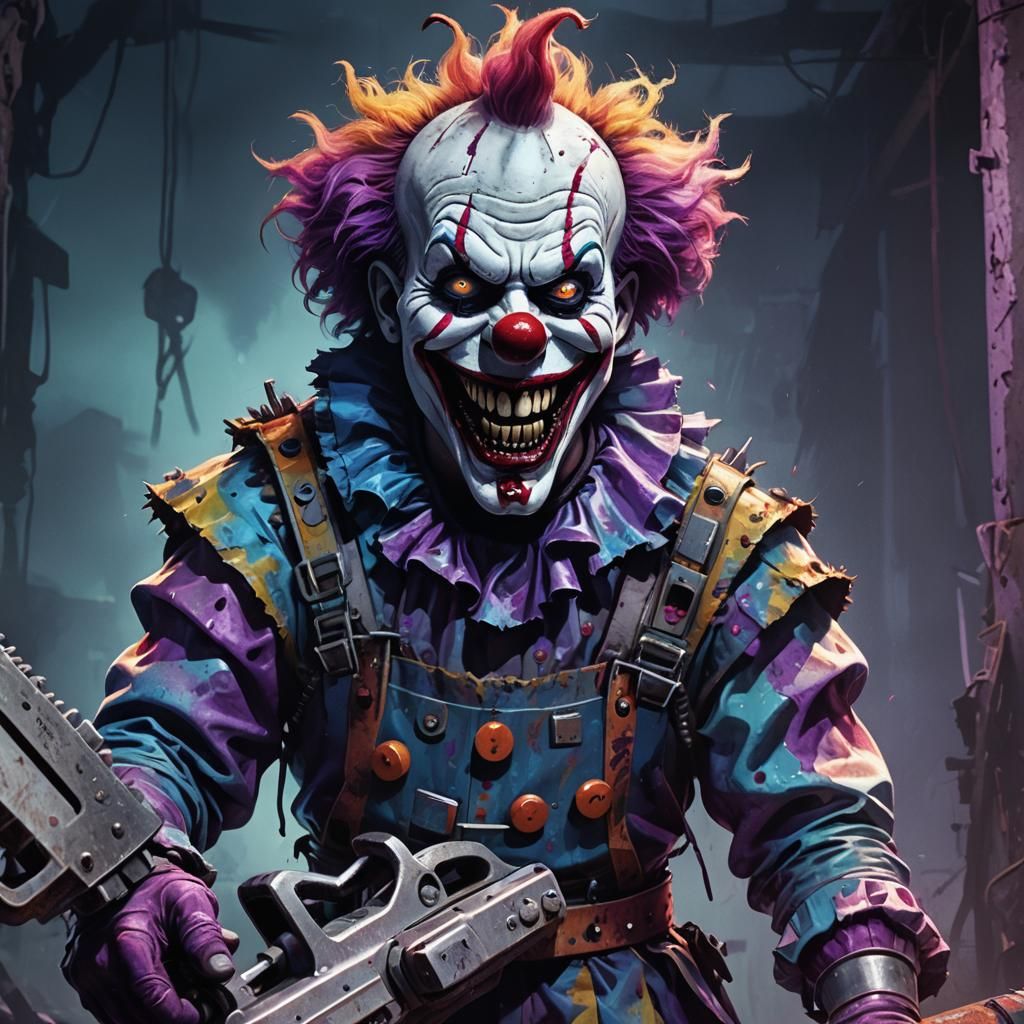 Menacing Cybernetic Clown with Chainsaw Limbs
