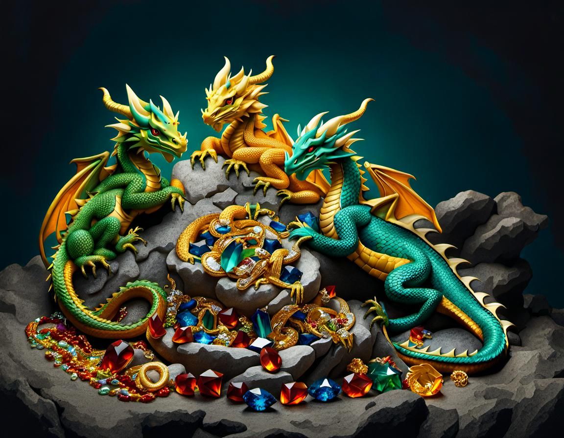 Dragons Sleeping on Treasure, Detailed Fantasy Art