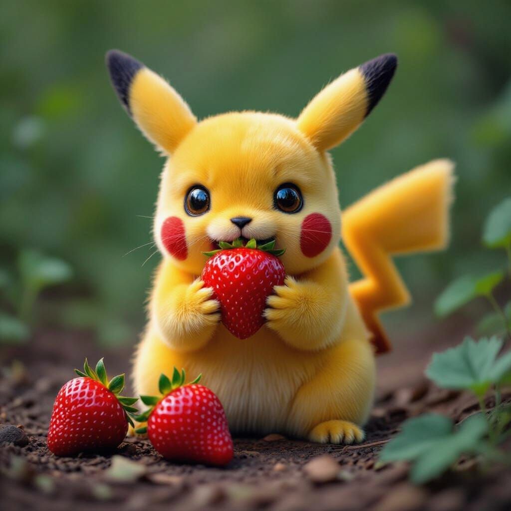 Pikachu Devouring a Strawberry Cinematic Film Still