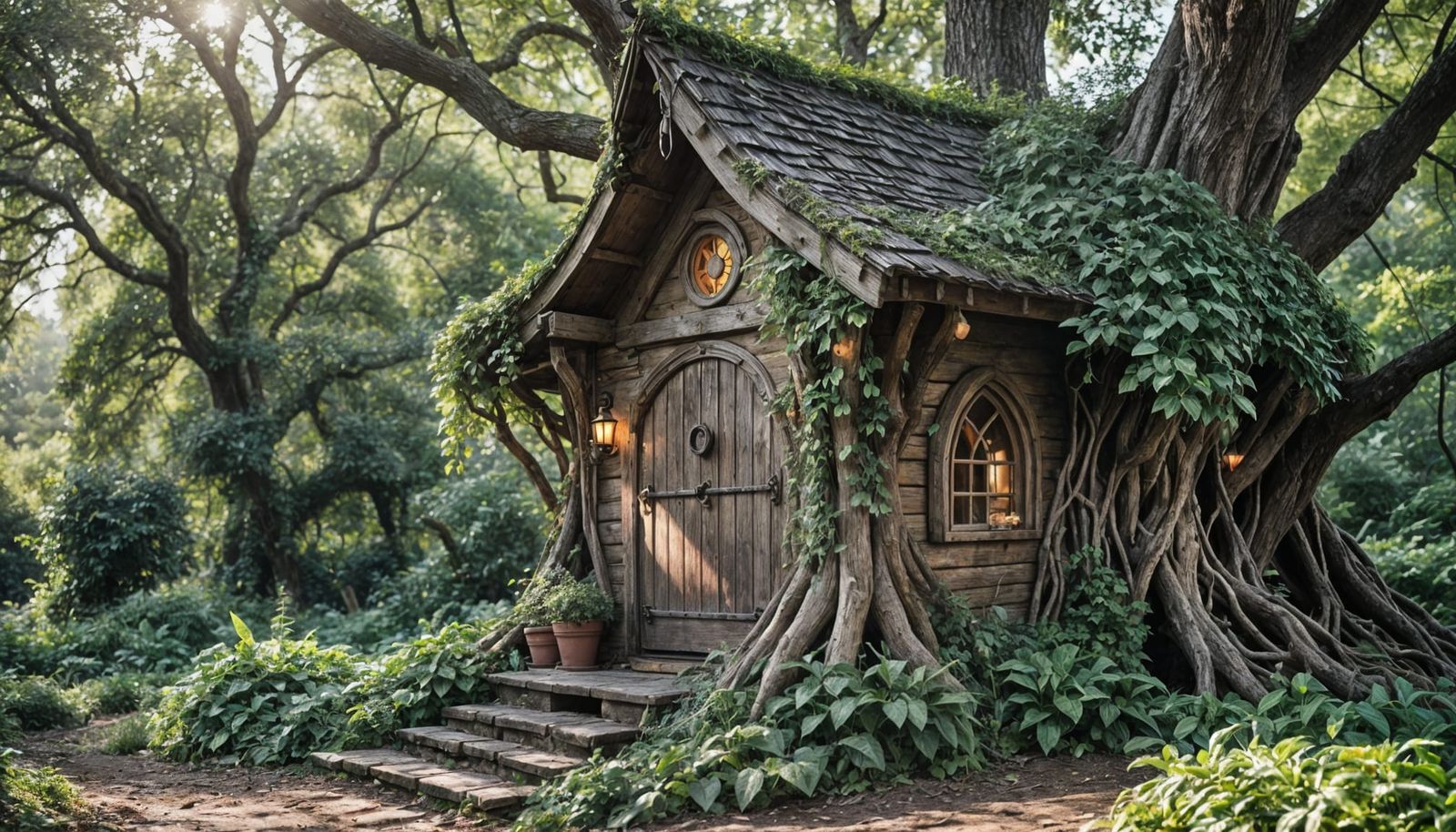 Whimsical Rustic Elven Cabin in Golden Light