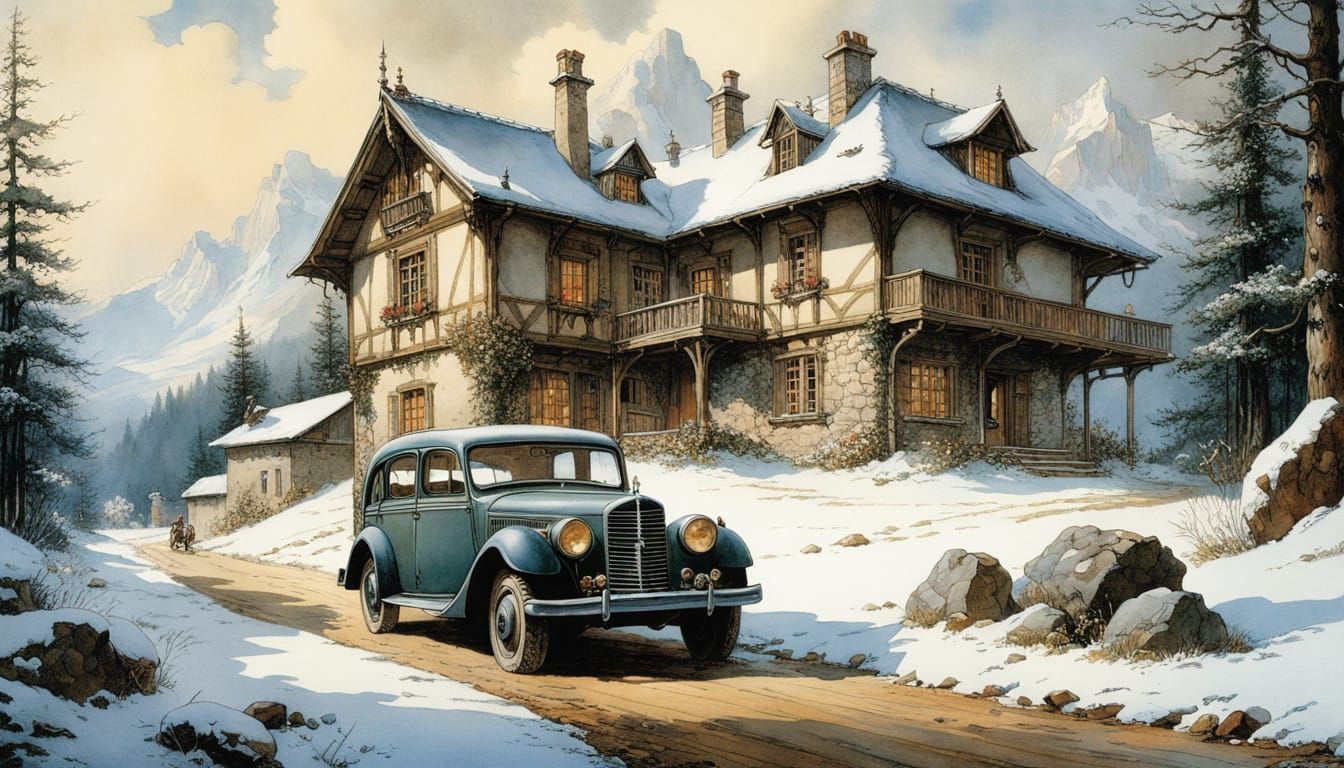 Alpine Villa During WWII in Folk-Tale Illustration Style