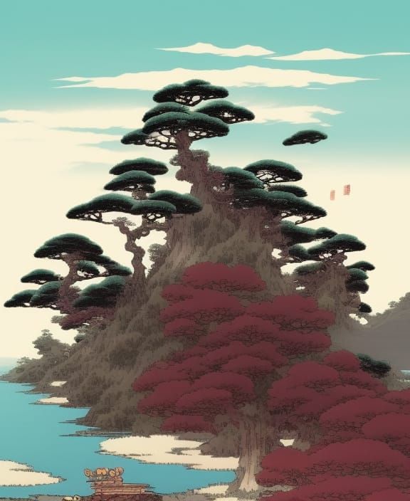 Monochrome Floating Islands Landscape in Manga Style