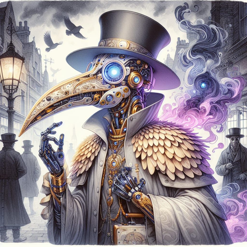 Cybernetic Plague Doctor Bird in Retro-Futuristic Style