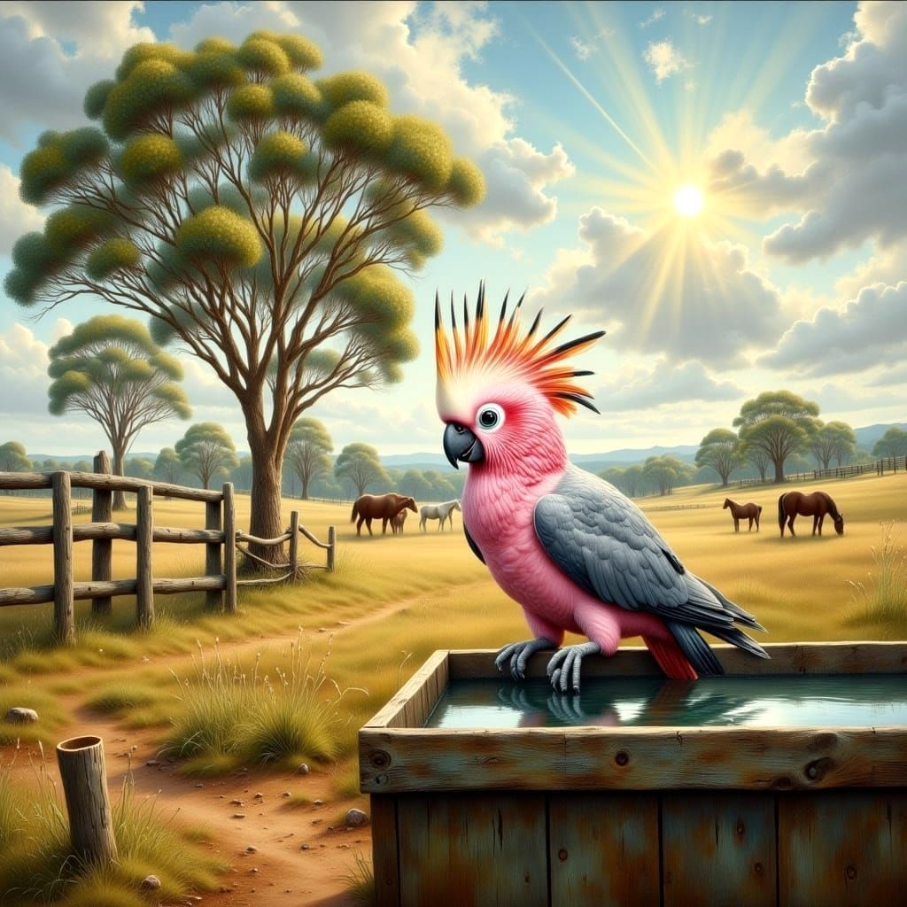 Vibrant Australian Landscape with Gulah and Horses in Warm L...