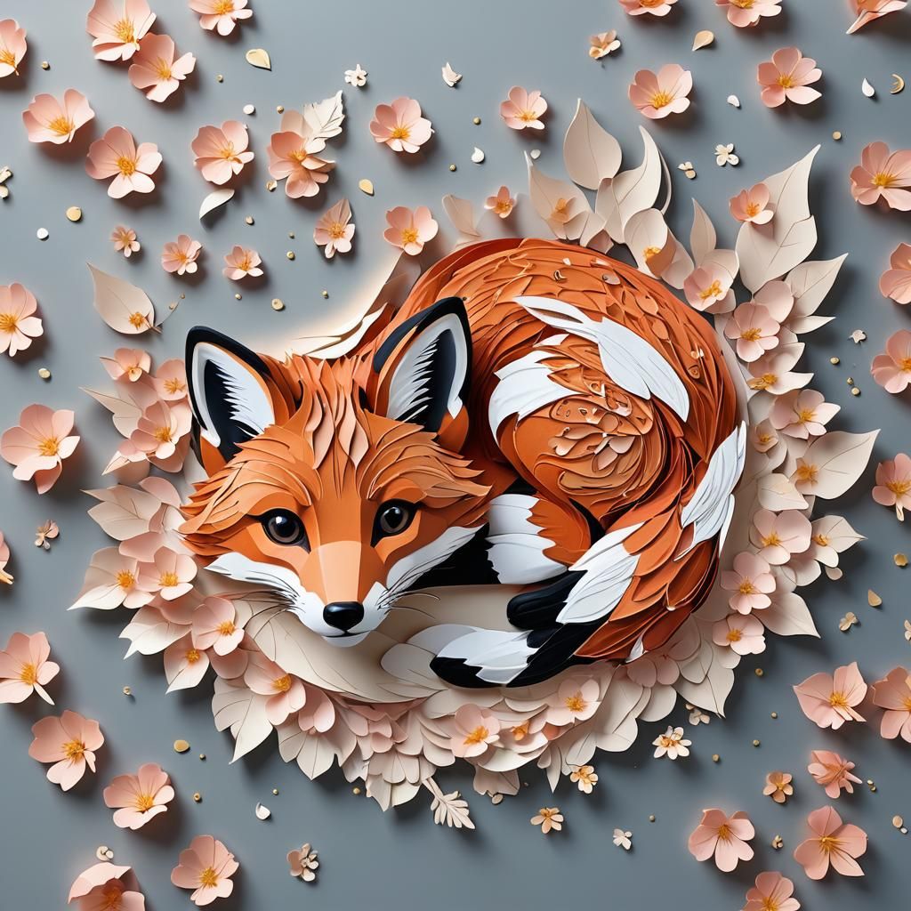 A hyper-realistic Kirigami artwork of an adorable cute red f...