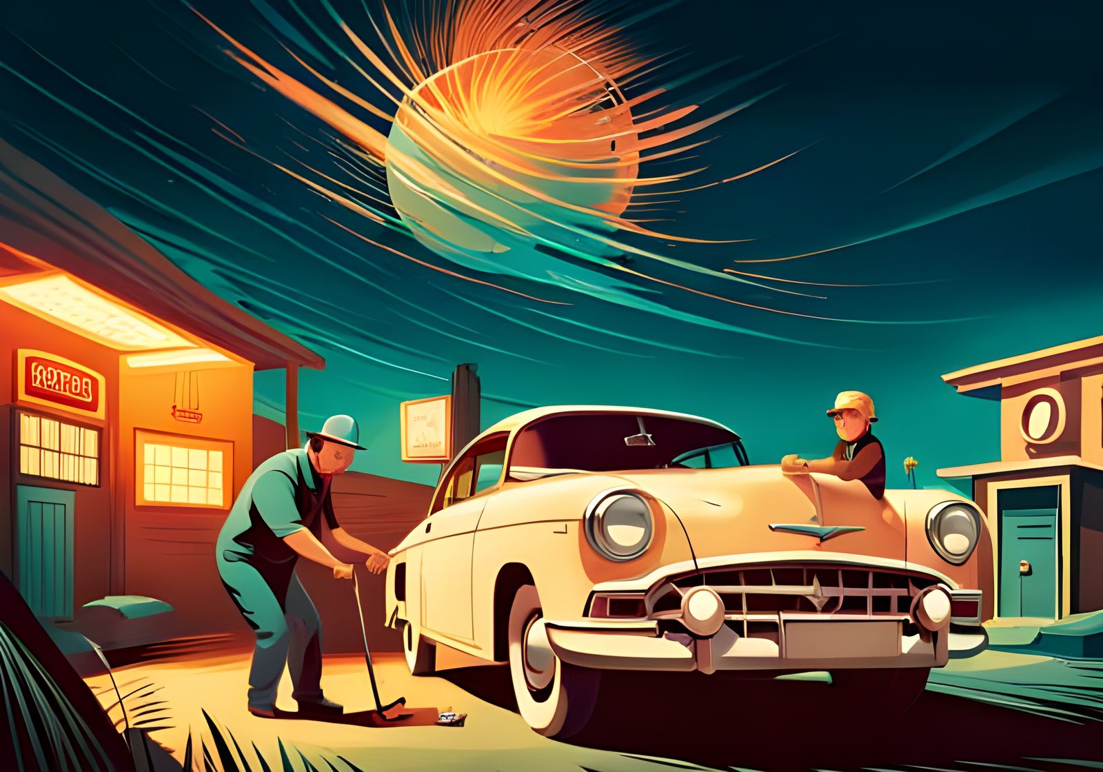 Father and Son Restore Classic Car: Detailed Artwork