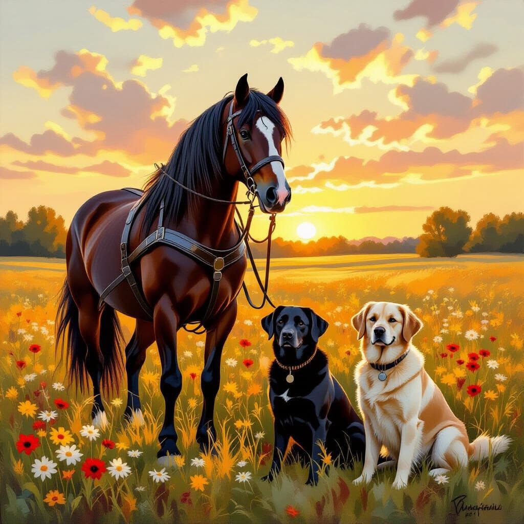Majestic Percheron Horse with Dogs in Golden Meadow