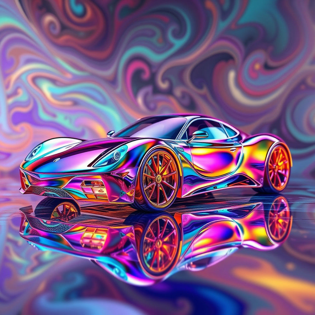 Iridescent Rainbow Glass Car in Dreamlike Setting