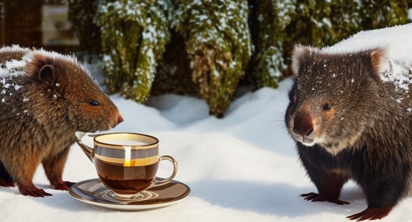 Wombats' Tea Party in Winter Garden, Cel-Shaded Style