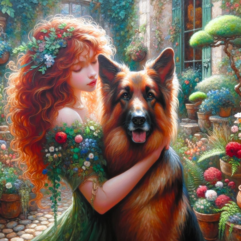 Art Nouveau Woman Embracing Her German Shepherd in a French ...