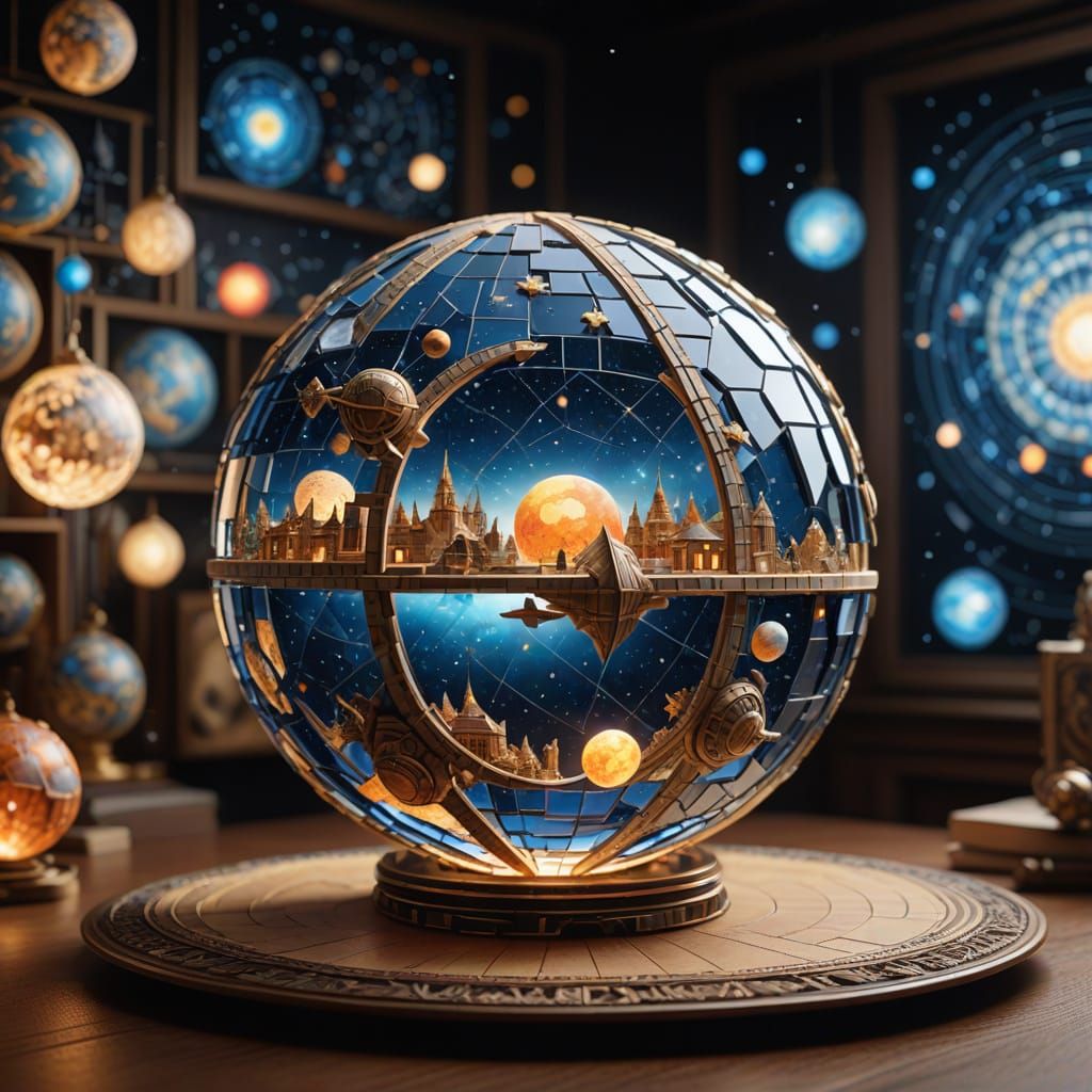 3D Mosaic Sphere with Zodiac and Galaxy Details