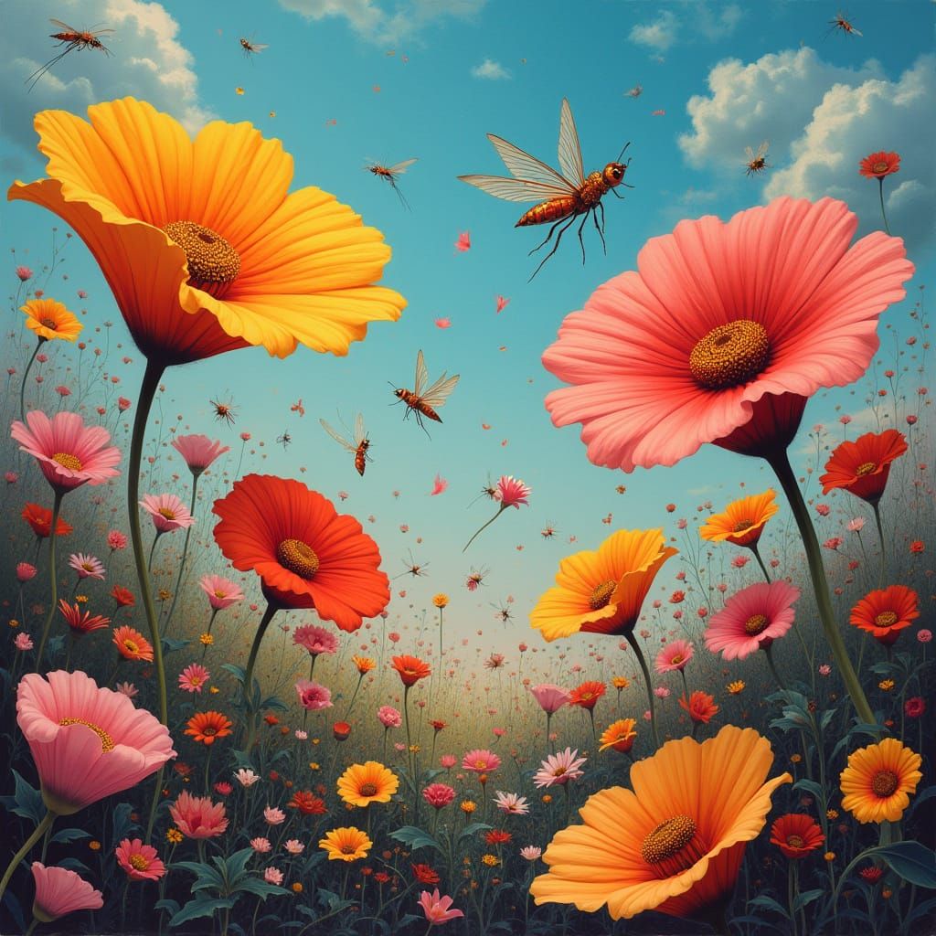 Surreal Dreamscape of Giant Flowers and Ethereal Light