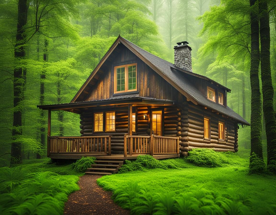 Cozy Cabin in Lush Forest During Spring Shower