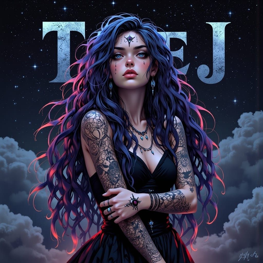 Raven-Haired Girl with Iridescent Hair in Starry Universe