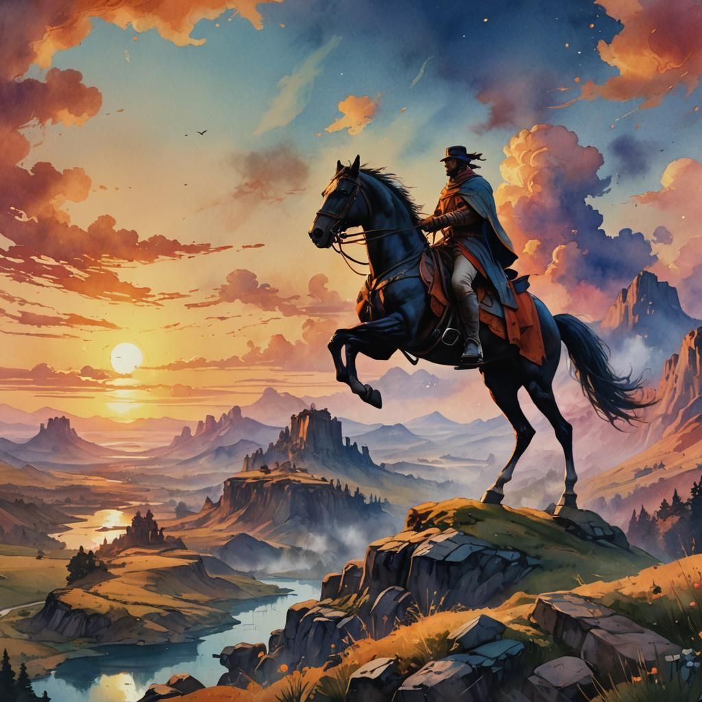 Watercolor Horseman Rides into a Serene Sunset