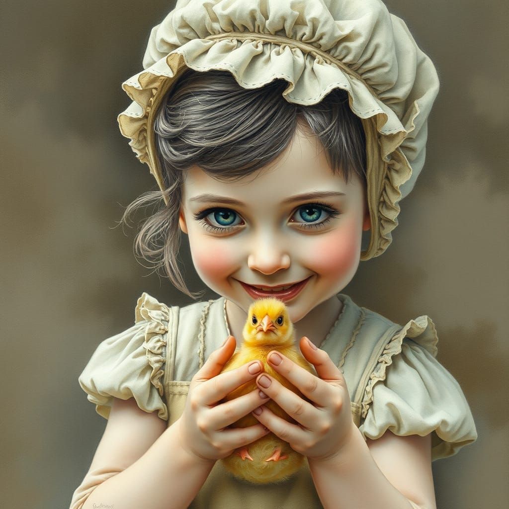 Steampunk Girl Feeds Chick: 19th Century Watercolor