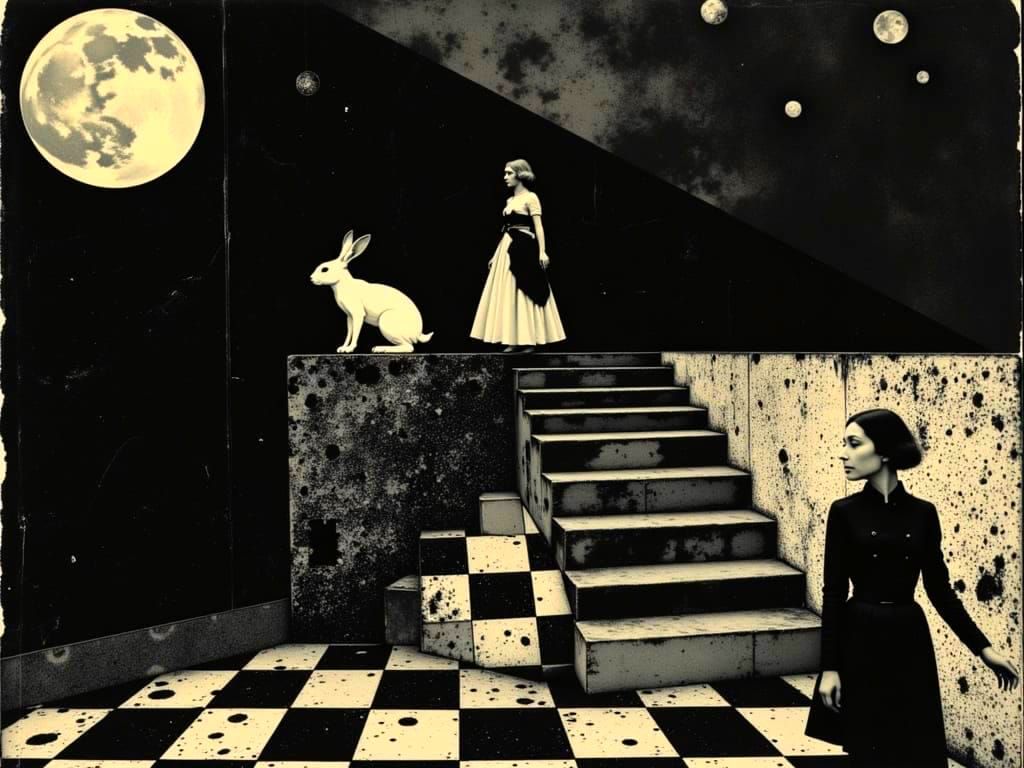 Queen of Hearts Chess Piece Follows Rabbit Down Staircase