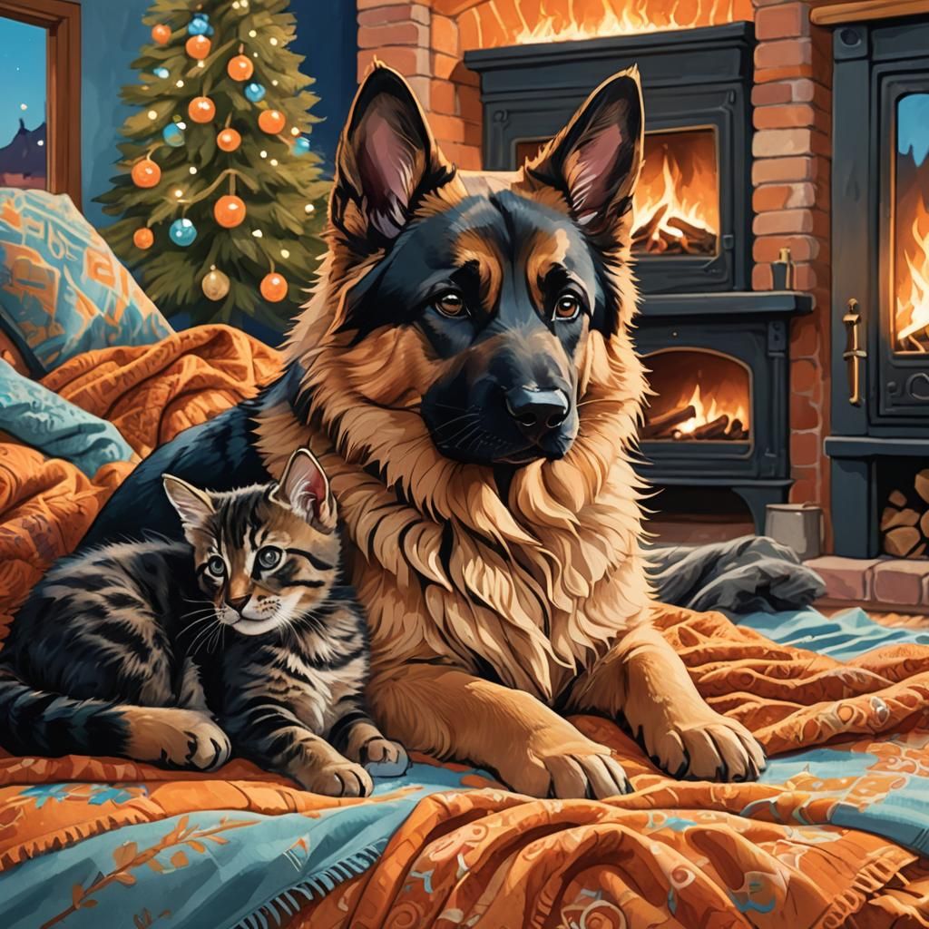 Cozy Kitten and Dog Cuddle in Fantasy Art