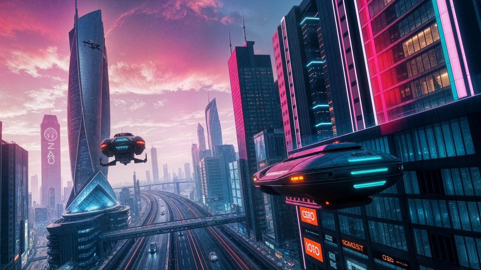 Futuristic Sci-Fi Cityscape with Hovercraft Vehicles