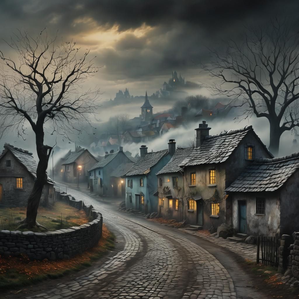 Mystical Village Shrouded in Mist as Chalk Art