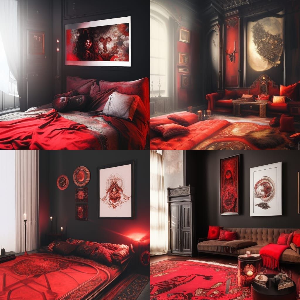Aries themed penthouse with red walls& black frames& fire tapestries& fire posters& Aries posters&Aries tapestries& Red ...