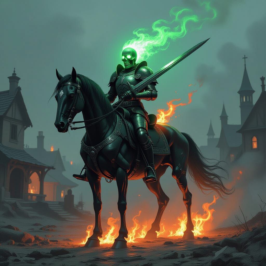 Flaming Skeletal Rider on Burning Steed in Gothic Style