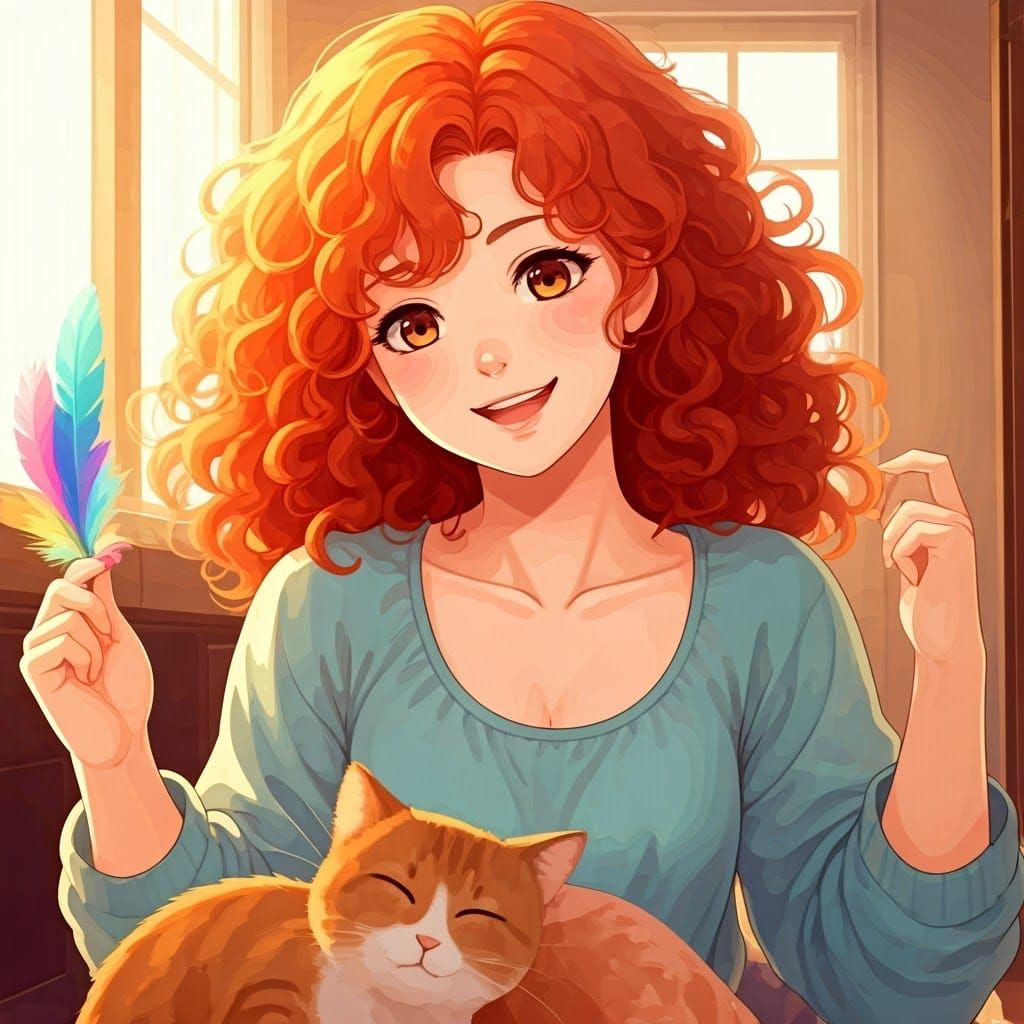 Anime Woman Plays with Cat in Sunlit Room
