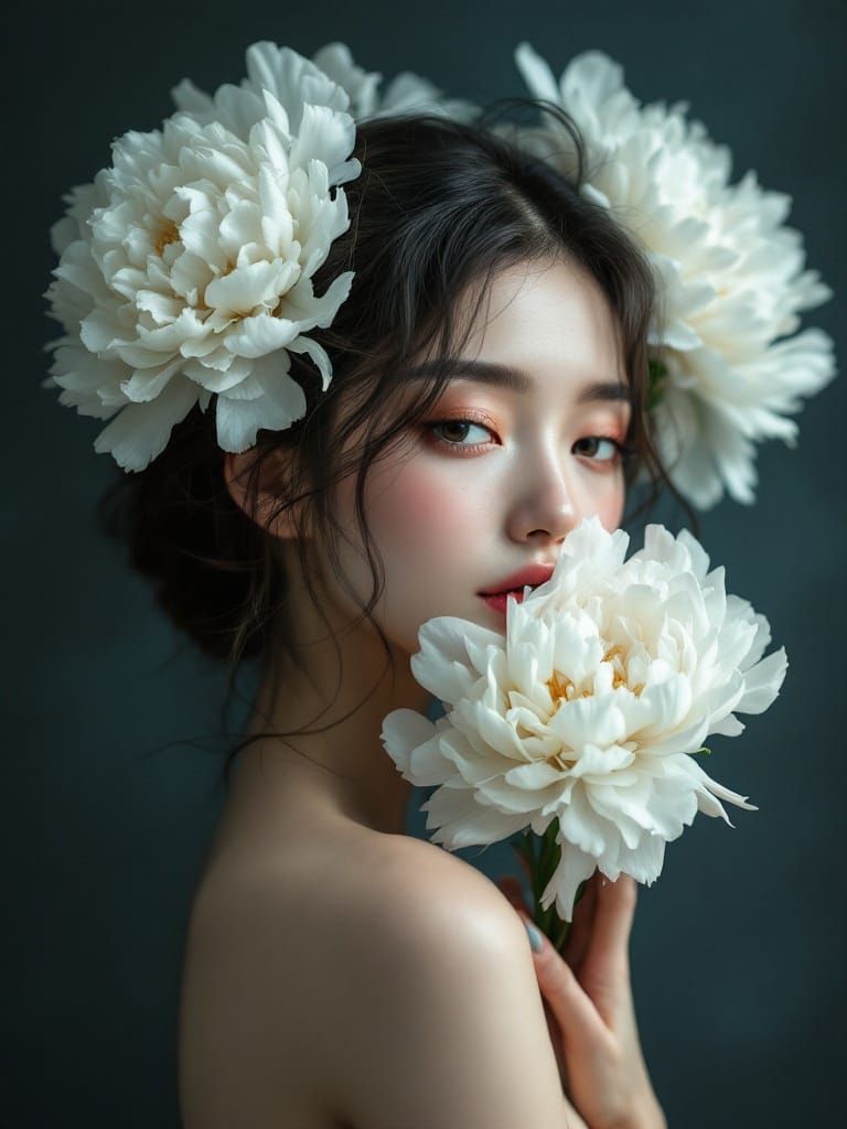 Ethereal Woman Enveloped in Lush White Peony Flowers