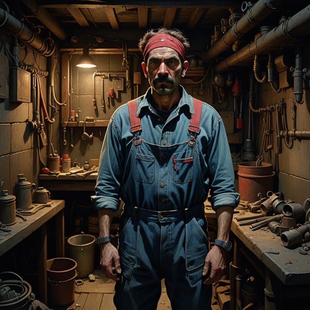 Gritty Plumber in Dimly Lit Basement Workspace