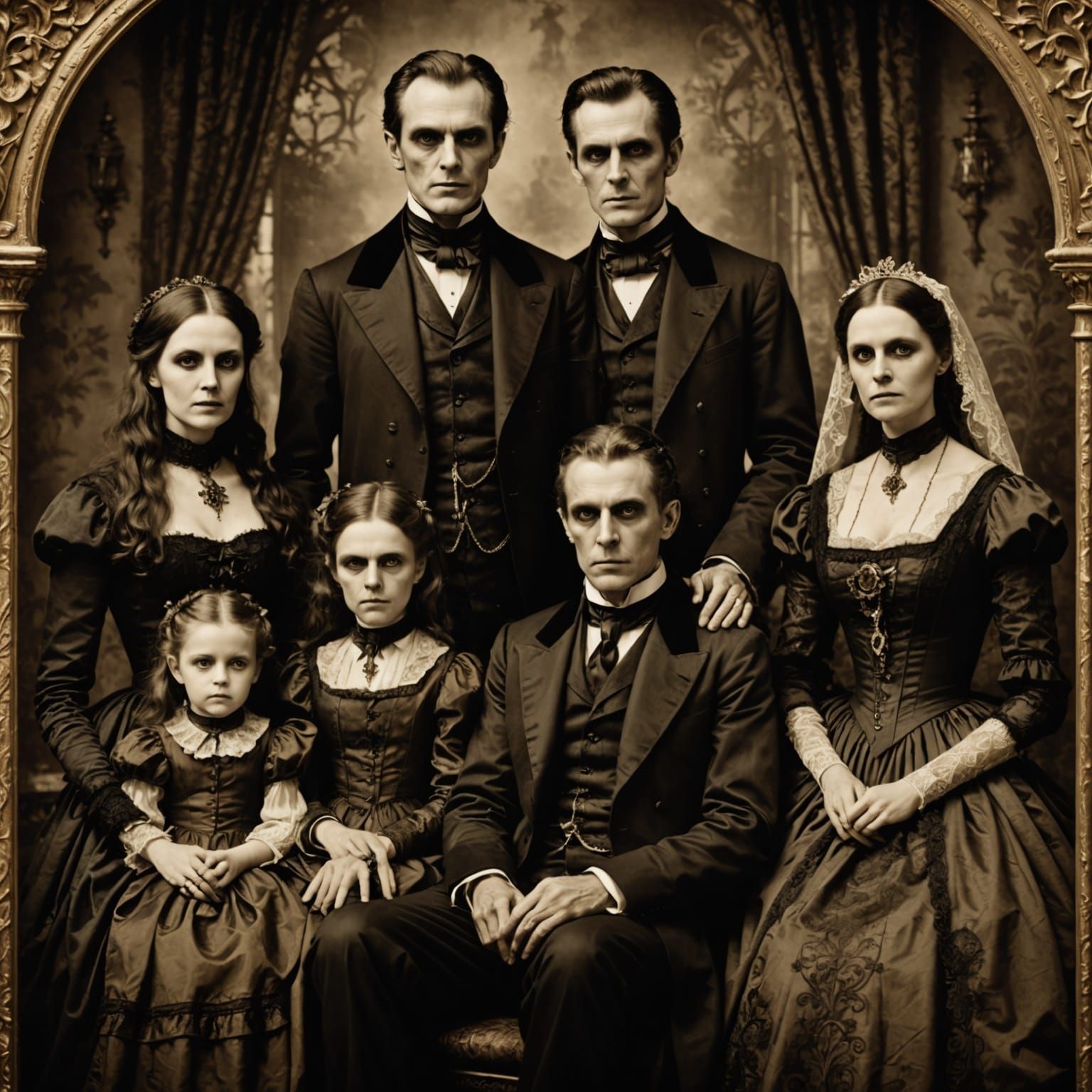 Ethereal Victorian Vampire Family Portrait in Sepia Tone