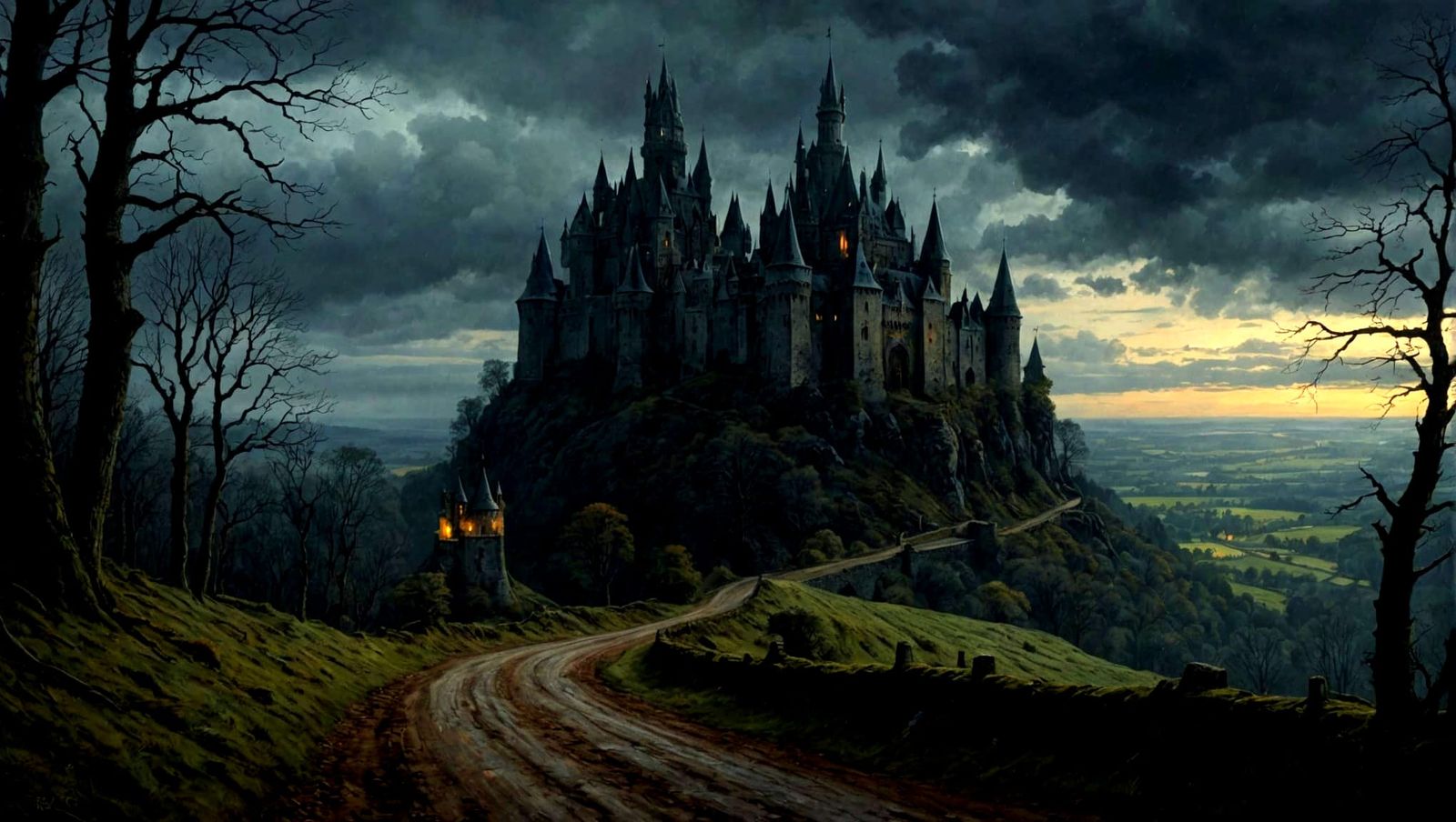 Ominous Castle on Hill with Lit Window