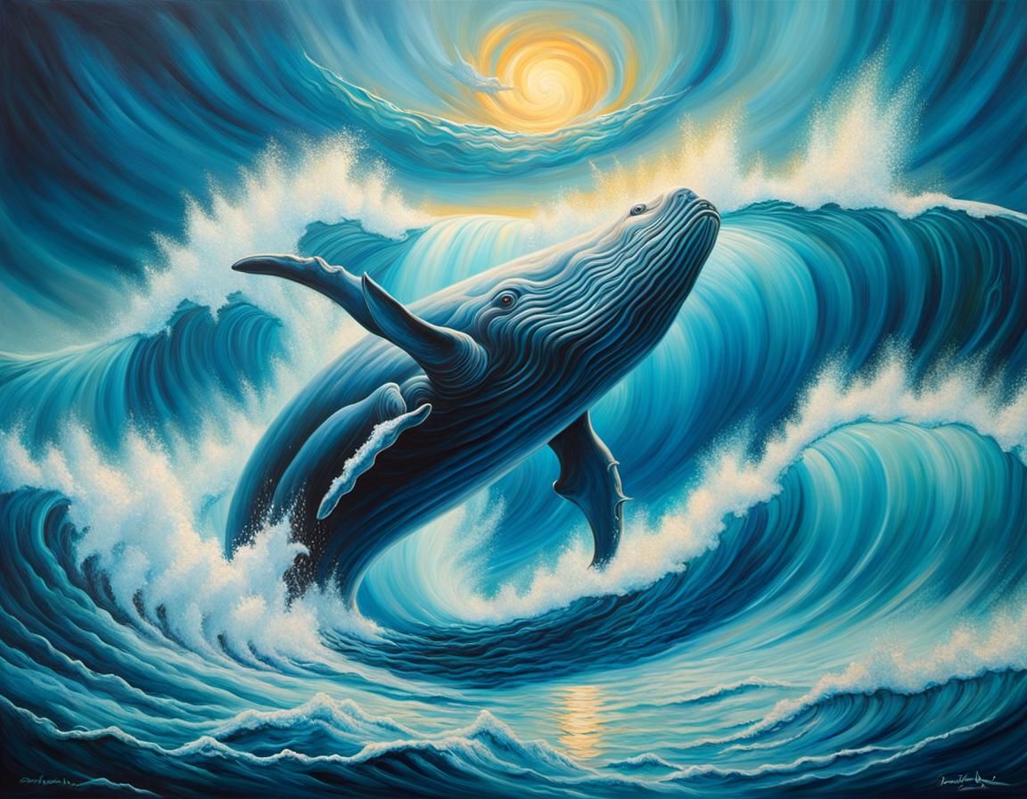 Zeus on Whale in Turbulent Ocean: Oil Painting