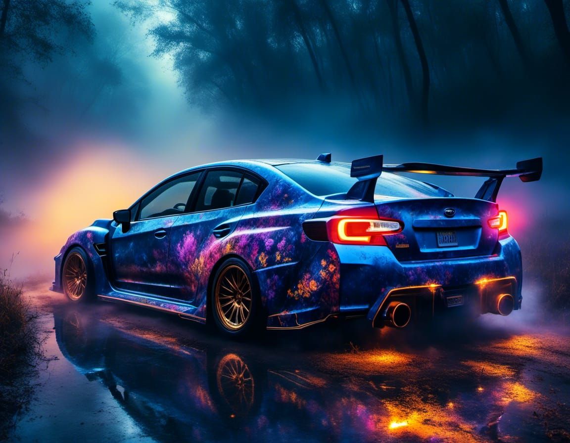 Futuristic Cosmic Subaru Races Misty Highway
