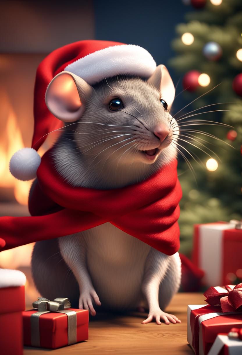 Festive Mouse in Santa Hat, Hyperrealistic 8K Render