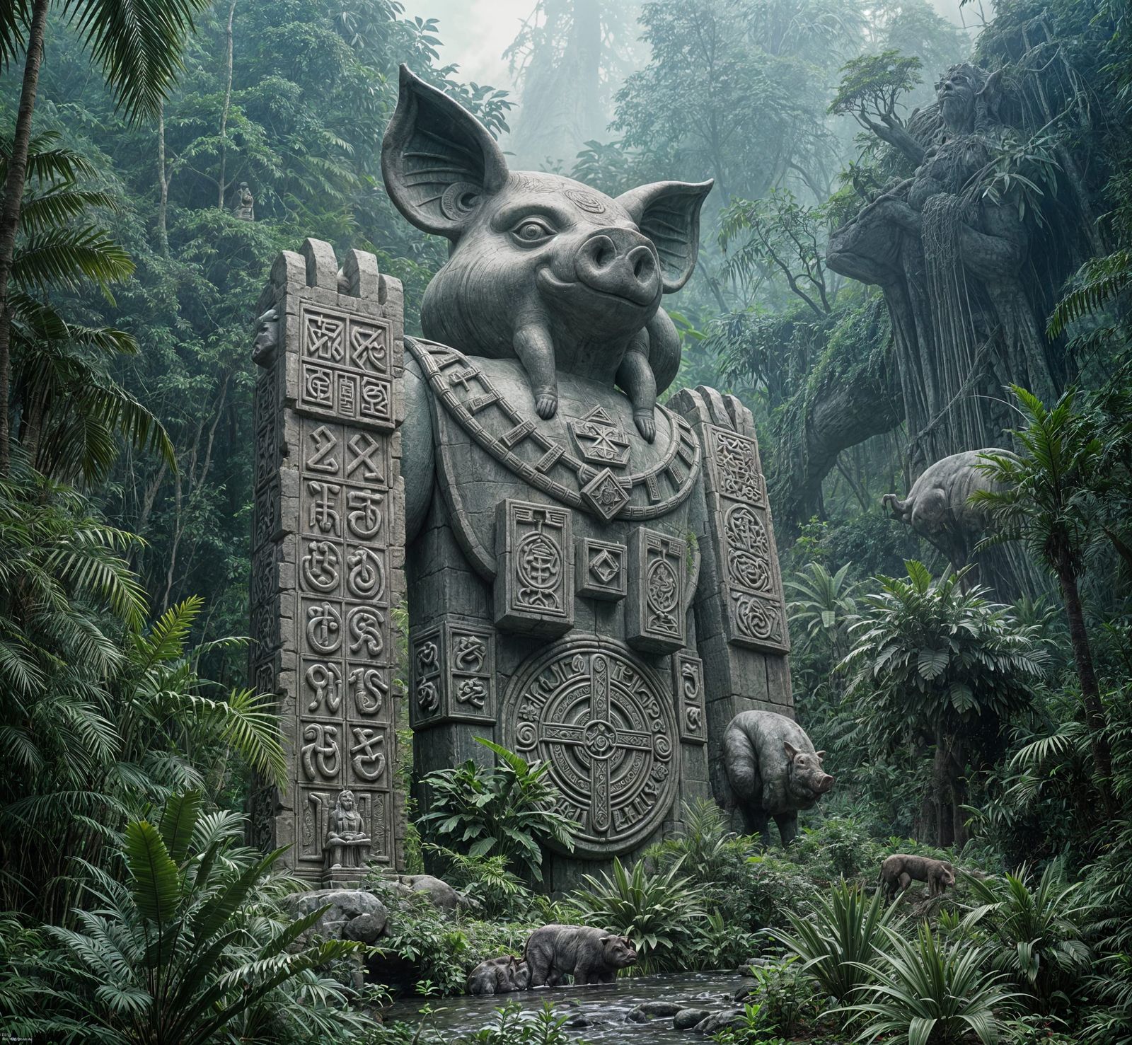 Ancient Pig God Statue in Jungle