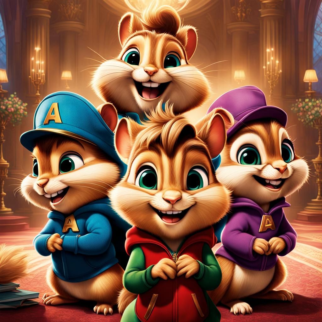 The chipmunks from the movie Alvin and the Chipmunks receive an Emmy award: Alvin, Simon, Theodore, Brittany, Jeanette a...