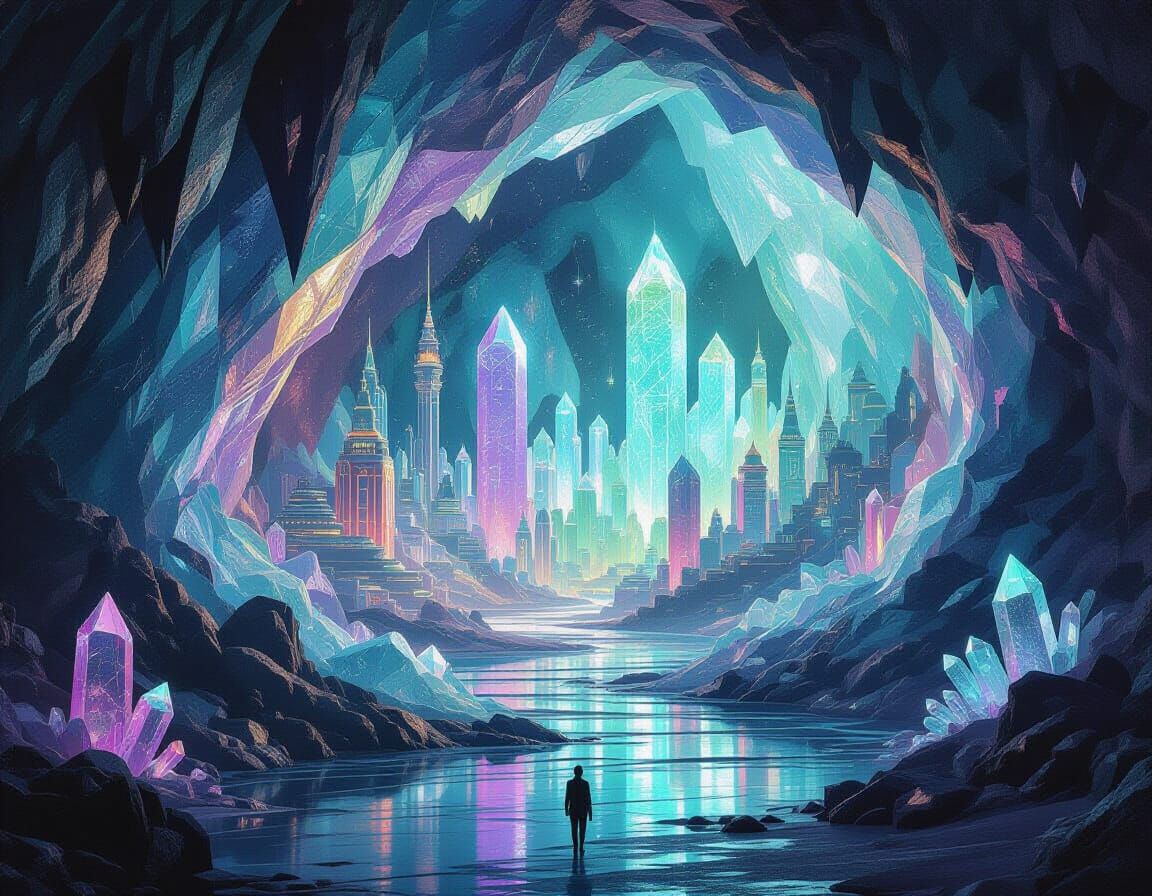 Futuristic Cityscape Inside Crystal Geode with Arcologies