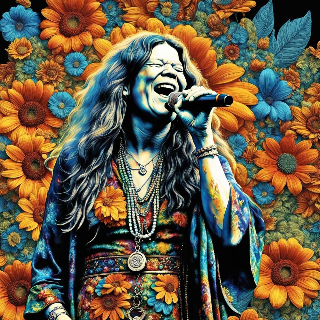 Singer in Flower Power Dress with Whisky, Enamel Style