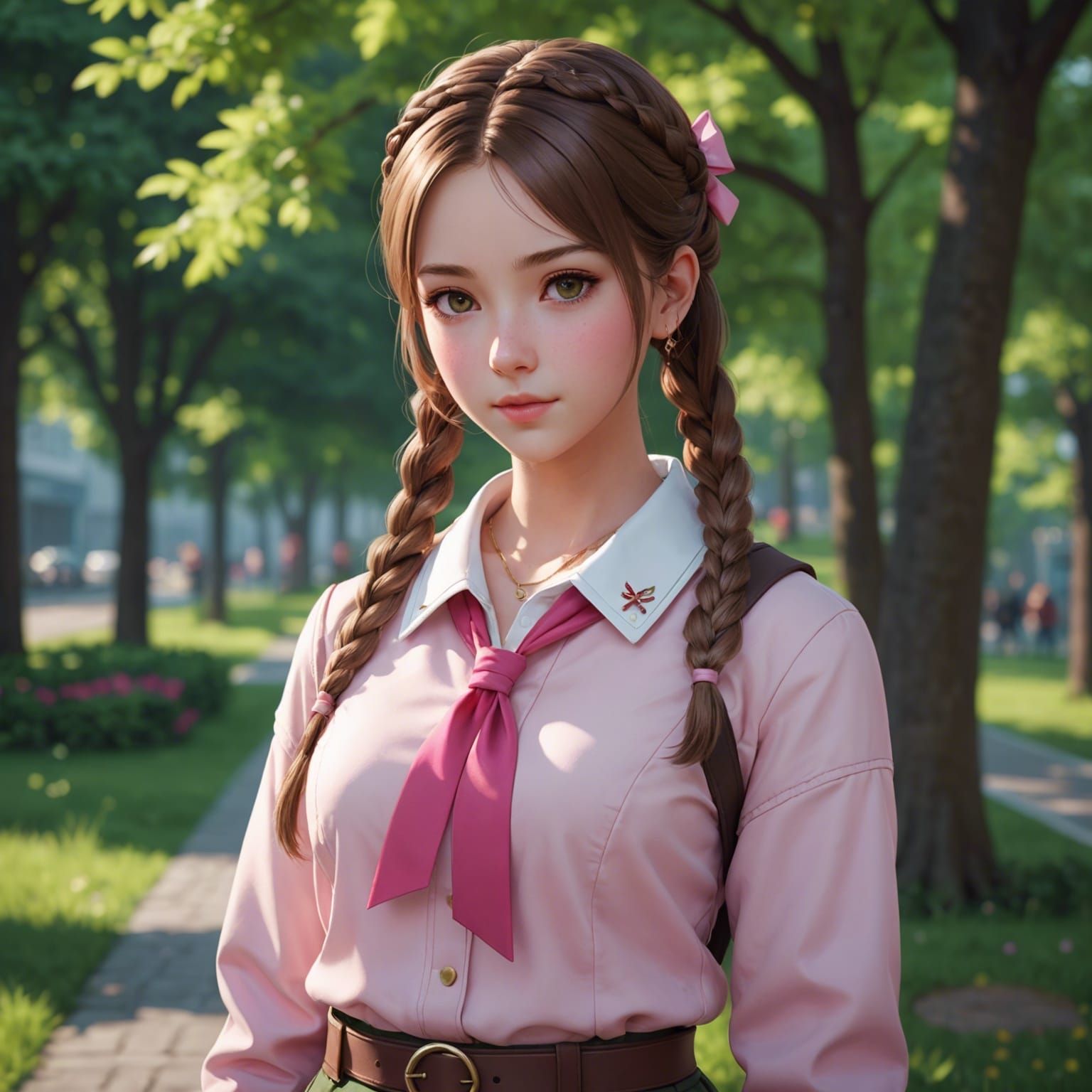 Anime Style Woman with Pink Ribbon in Braid