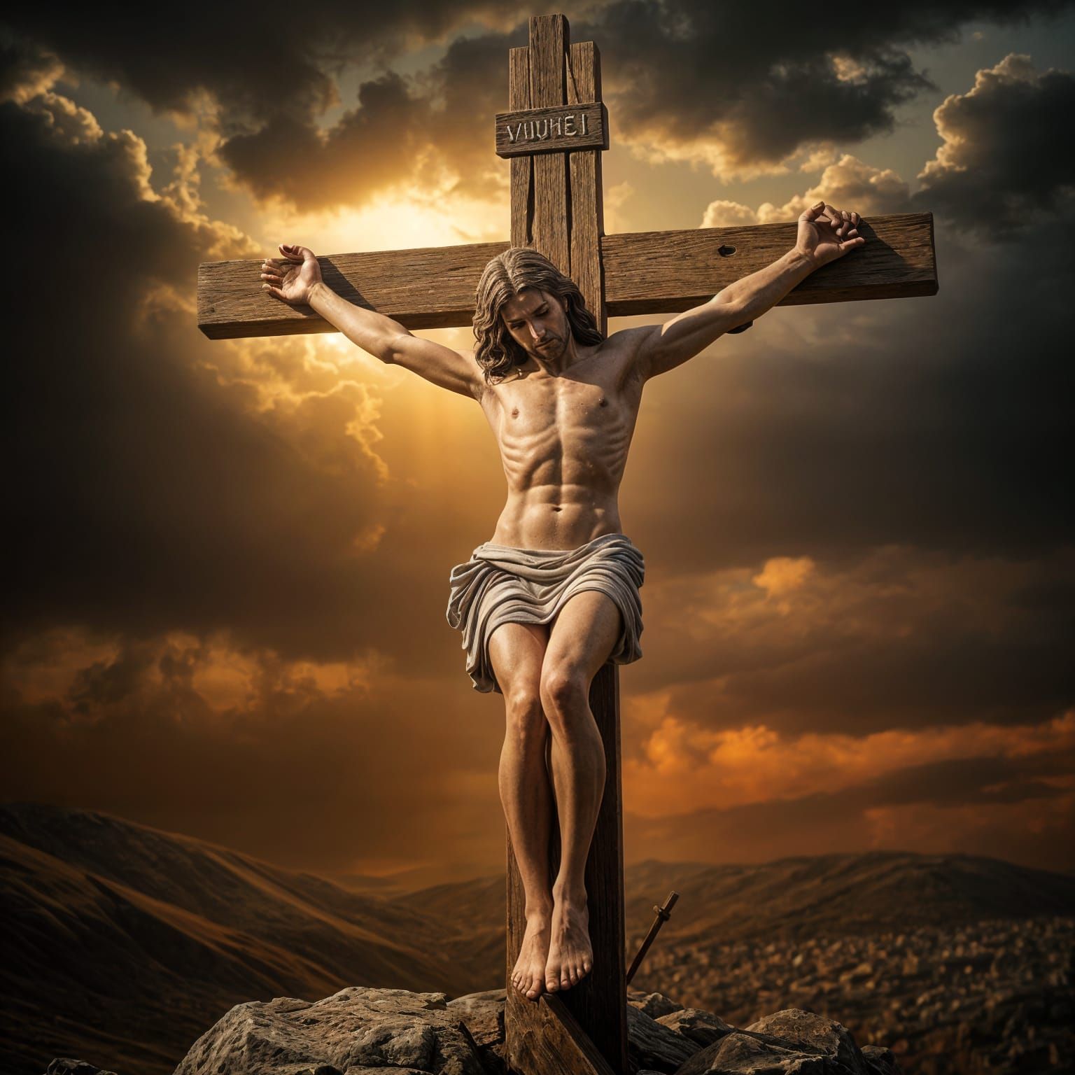 Jesus Christ Crucified on the Cross at Golgotha in Cinematic...