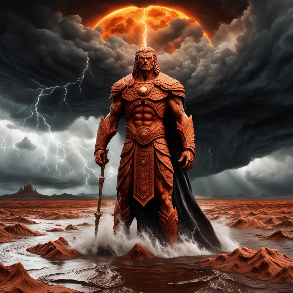 Towering Terracotta Archon in Stormy Landscape