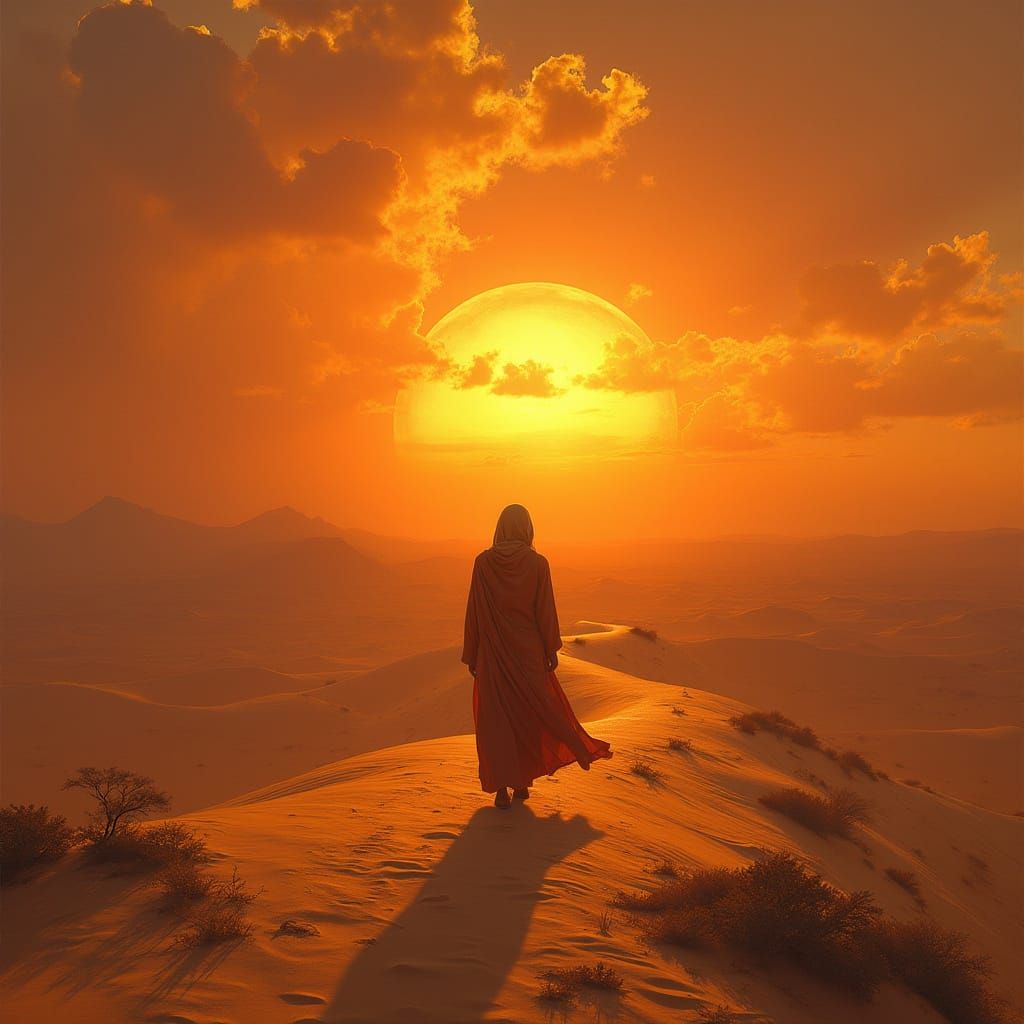 Desert Sunset with Figure in Golden Light