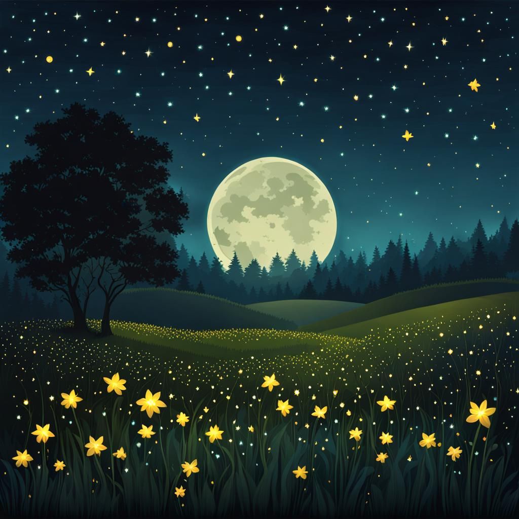 Mystical Firefly Field Under Moonlit Sky