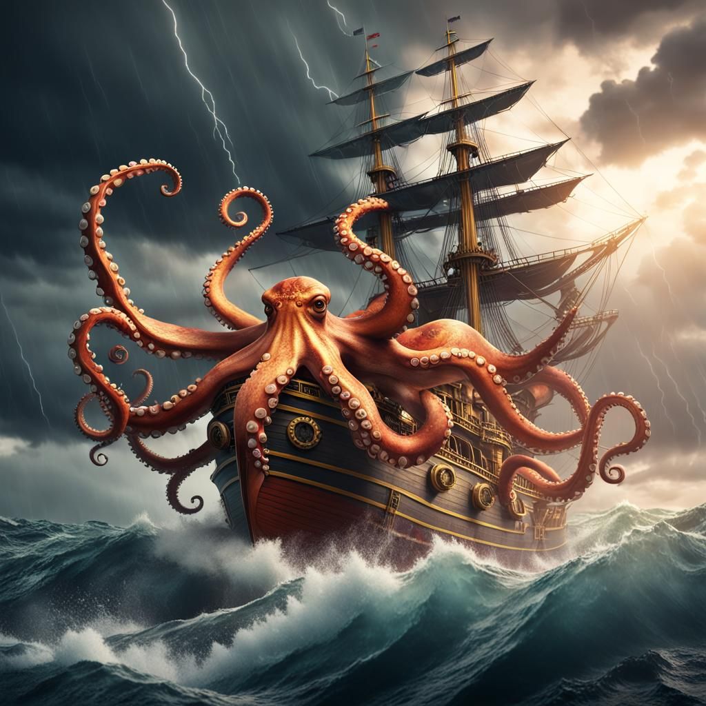 Pirate Ship Attacked by Octopus in Epic Storm