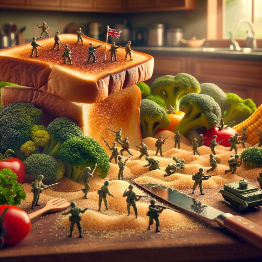 Miniature Soldiers Storming Out of Toast in a Surreal Kitche...
