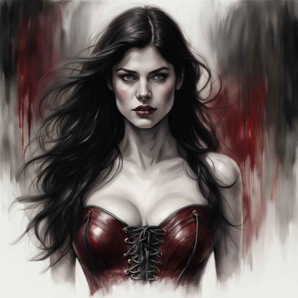 Female Thief in Leather Corset Charcoal Sketch