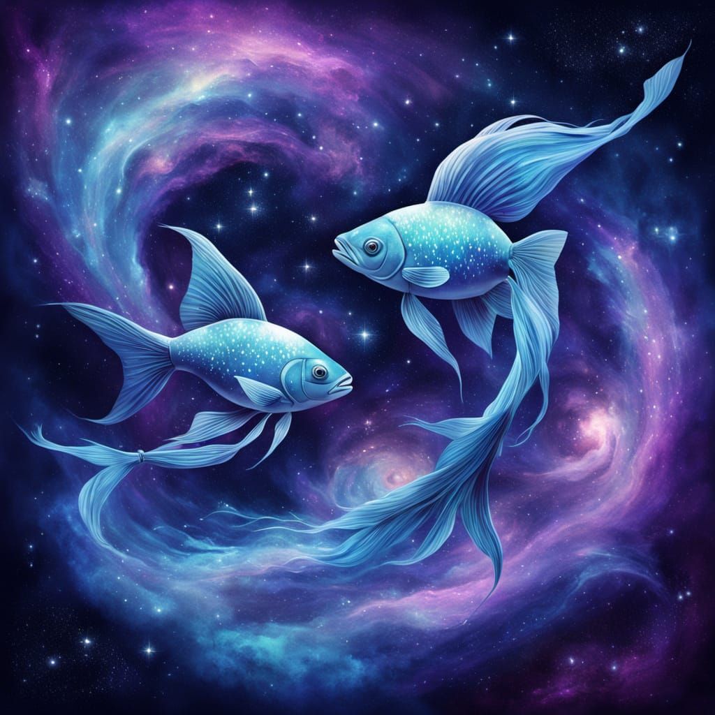 Vibrant Cosmic Fish Form Pisces Symbol in Iridescent Nebula